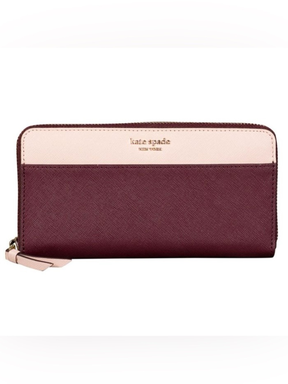 KATE SPADE NY Burgundy & Blush Saffiano Zip Around Wallet NWOT